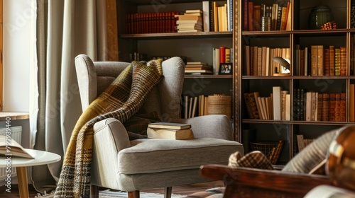 Cozy reading nook with comfortable chair and woollen throw in a home library photo
