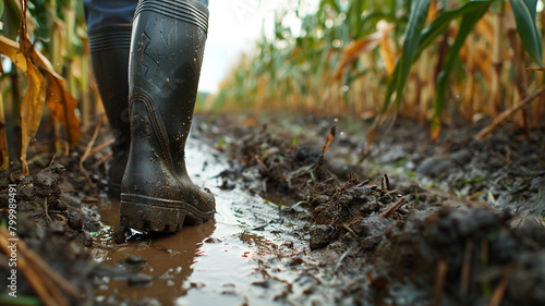 A farmer in black rubber boots walks  in a corn field. photo