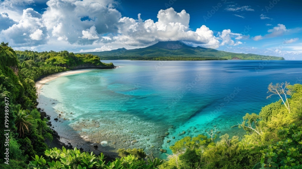 A panorama of a tropical island paradise, showcasing a white-sand beach, a turquoise lagoon