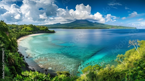 A panorama of a tropical island paradise  showcasing a white-sand beach  a turquoise lagoon