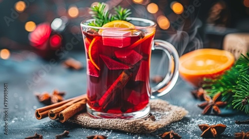 Aromatic mulled wine in a glass mug garnished with citrus and spices, perfect for holiday festivities.