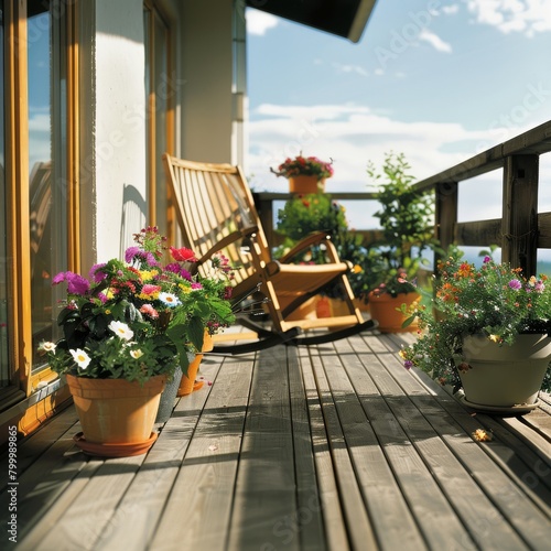 Peaceful balcony setting with wooden decking and vibrant flower pots © Fat Bee