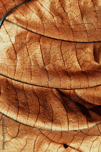 Autumnal Dry Leaf Texture background. Macro photo of leaf show intricate brown texture  withered natural foliage at sunlight  dark shadows. Veins pattern in warm autumn hues  low depth of field