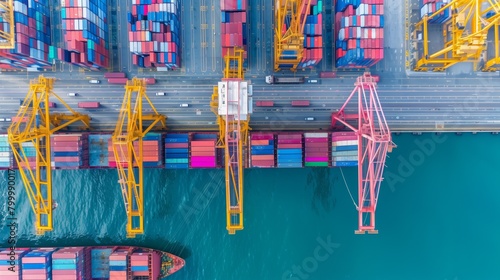 Aerial view of a busy shipping port with containers and cranes loading cargo ships.