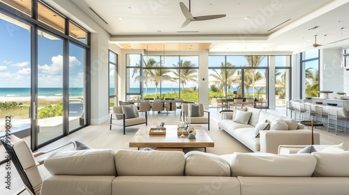 Coastal contemporary beachfront villa with floor-to-ceiling windows, neutral tones, and beach-inspired decor.