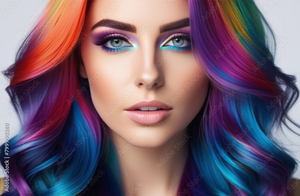 Portrait of a young beautiful woman with long flowing hair, dyed in rainbow colors
