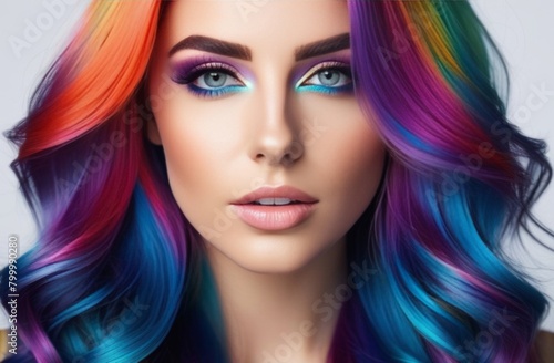 Portrait of a young beautiful woman with long flowing hair  dyed in rainbow colors
