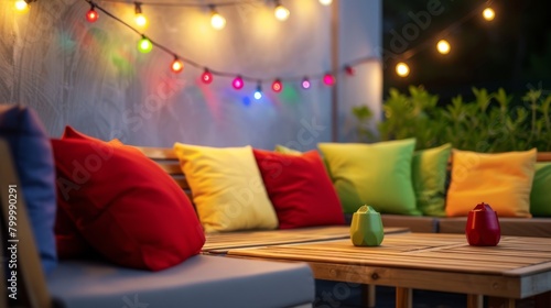 Cozy outdoor patio with colorful cushions and festive lights at twilight photo