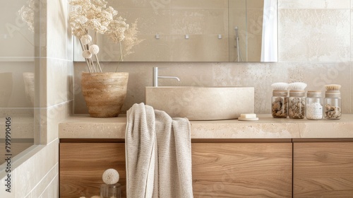 Elegant minimalist bathroom design with natural tones and modern amenities