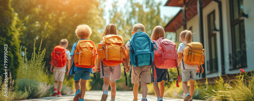 Group of children going with backpacks for studying. Back to school concept. photo