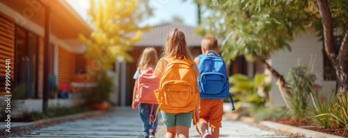 Group of children going with backpacks for studying. Back to school concept.