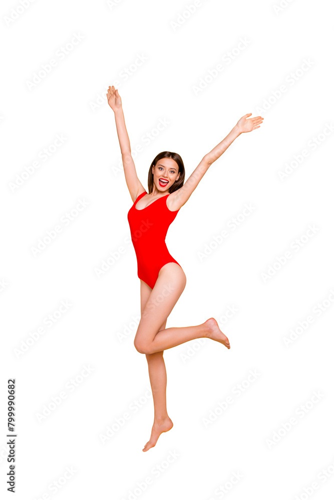 Vertical full size photo portrait of win winner triumphant cheerful joy fun funny funky fancy beautiful pretty lovely cool lady waving hands isolated bright shiny vivid background