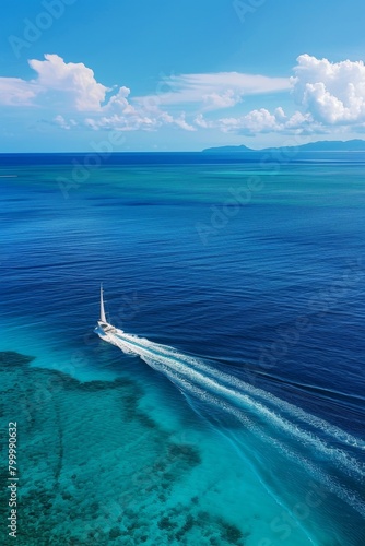 Aerial shot of a sailboat leaving a white trail across a vast blue ocean, heading towards a distant island on the horizon