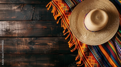 A traditional Mexican sombrero on a colorful serape blanket over a dark wooden background.