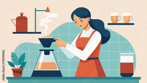 A woman attentively monitoring the temperature and grind size of her pour over coffee in a sleek modern coffee shop..