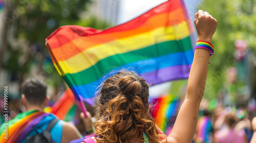 A woman's raised fist with rainbow flag during pride parade