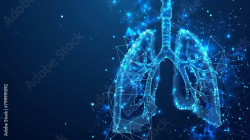 Lungs structured by a framework of light connections, including lines and dots, emphasizing the complex network of veins and arteries. Represents modern technologies in medicine.