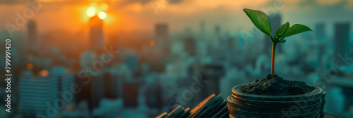 A young sprout grows on top of stacked coins with the morning sun rising behind the city skyline depicting investment growth and success photo