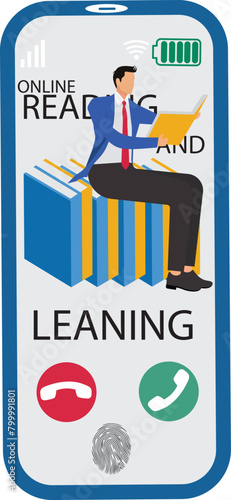Online reading, online learning, businessman sitting on the phone and reading