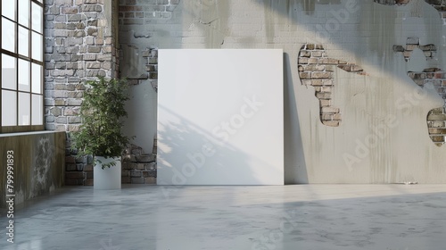 Mock up poster in modern interior with brick wall and concrete floor.