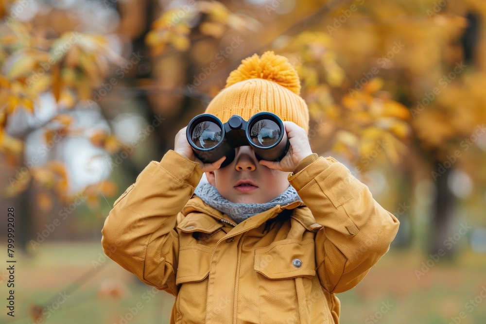 Little boy looking through binoculars in the park. Kid exploring nature Little boy looking through binoculars in the park. Kid exploring nature