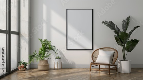 Modern living room interior with white walls, wooden floor, comfortable armchair and mock up poster frame.