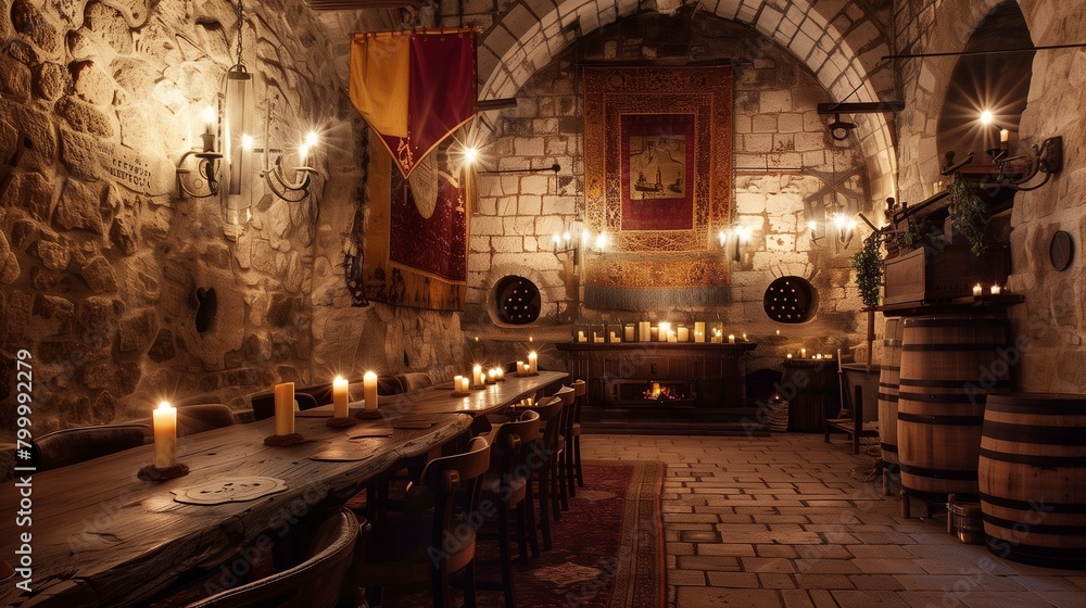 Obraz premium Gothic castle-inspired wine tasting room with stone walls, medieval tapestries, and candlelit ambiance.