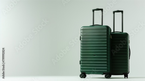 Two modern green travel suitcases with telescopic handles on a light background. photo