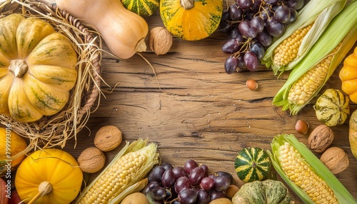 Artistic autumn background with the harvest frame: multicolored and multipatterned pumpkins, nuts, corn, wheat, mushrooms, and spices. Harmonious colors photo