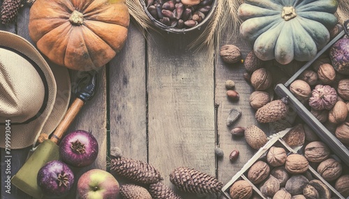 Muted-colored vintage autumn background with a frame of harvest: multicolored and multipatterned pumpkins, nuts, corn, wheat, mushrooms, spices, and a space for text photo