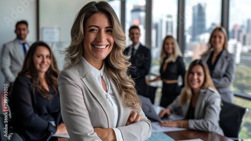 Female leader standing in front of her team  business meeting at conference table with city view