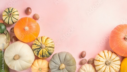 Bright pastel autumn background with a semi-frame of harvest on the bottom: multicolored and multipatterned pumpkins, nuts, corn, wheat, and spices, and a space for text photo