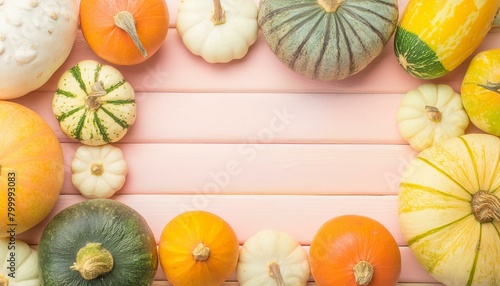 Bright pastel autumn background with a frame of harvest: multicolored and multipatterned pumpkins, nuts, corn, wheat, and spices, and a space for text photo