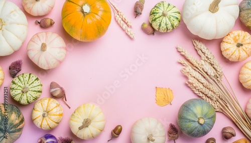 Bright pastel autumn background with a frame of harvest: multicolored and multipatterned pumpkins, nuts, corn, wheat, and spices, and a space for text