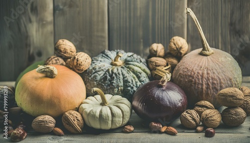 Boho muted-colored vintage autumn background with the harvest: multicolored and multipatterned pumpkins, nuts, corn, wheat, mushrooms, spices photo