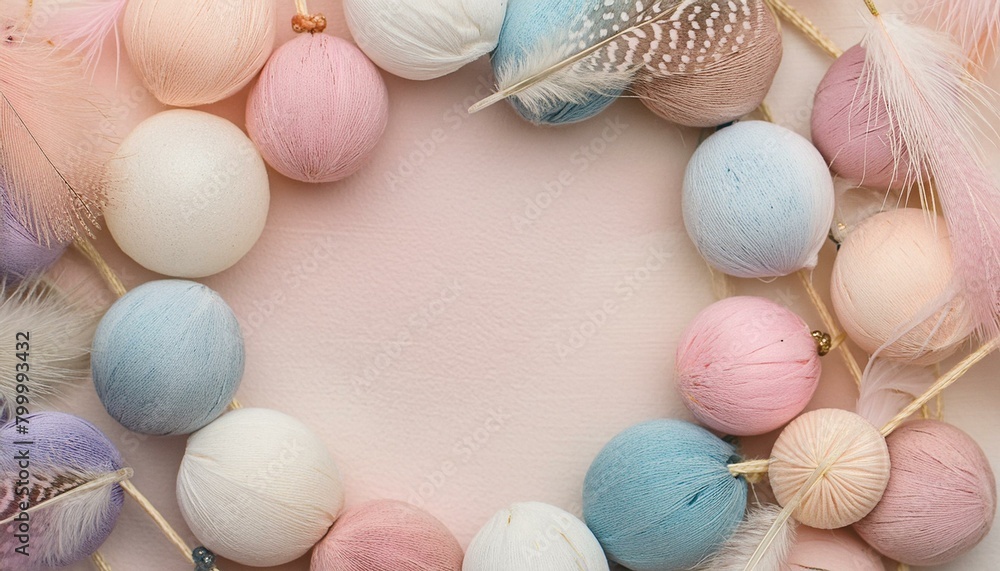 Boho-style horizontal background with a frame, thread, home decorations, stones, handmade home decorations, and space for text. Tender pastel peachy colors. Creativity concept. Boho-style horizontal background with a frame, thread, home decorations, stones, handmade home decorations, and space for text. Tender pastel peachy colors. Creativity concept.