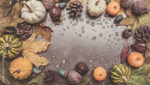 Muted-colored vintage autumn background with a rainy puddle, a frame of harvest: multicolored and multipatterned pumpkins, nuts, corn, wheat, mushrooms, spices, and a space for text photo