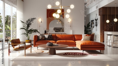 Mid-century modern design with sleek furniture, retro accents, and statement lighting. © Basharat