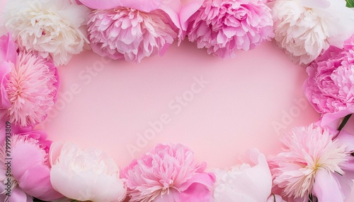 Pastel bright background with a frame of peonies. Pink colors