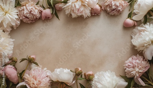 Muted-colored vintage background with a frame of light pink and white peonies