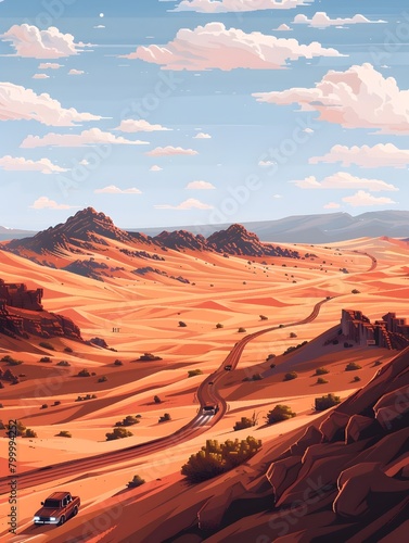 Pixel Art Caravan Crossing Vast Desert Landscape with Shimmering Oasis and Undulating Dunes on the Horizon