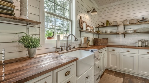 Modern farmhouse kitchen with shiplap walls, farmhouse sink, and butcher block countertops. photo