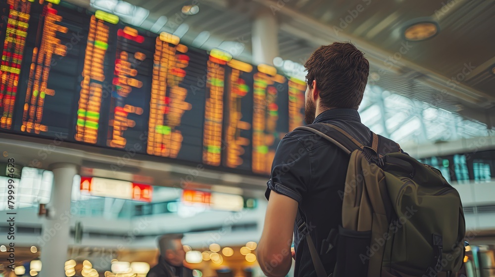 Naklejka premium Solo Traveler Contemplating Airport Flight Schedule
