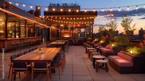 Modern urban rooftop bar with skyline views, lounge seating, and string lights.