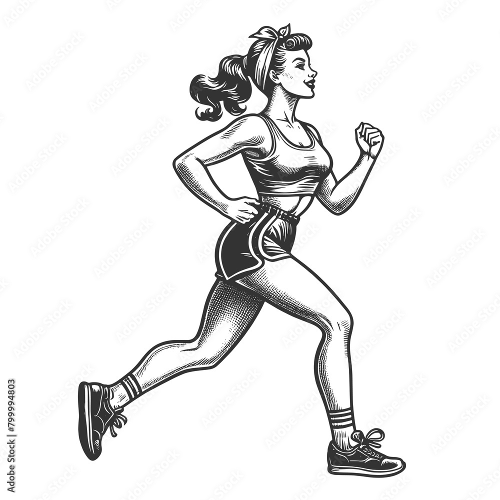 woman in motion, jogging with determination in classic athletic wear sketch engraving generative ai fictional character raster illustration. Scratch board imitation. Black and white image. woman in motion, jogging with determination in classic athletic wear sketch engraving generative ai fictional character raster illustration. Scratch board imitation. Black and white image.