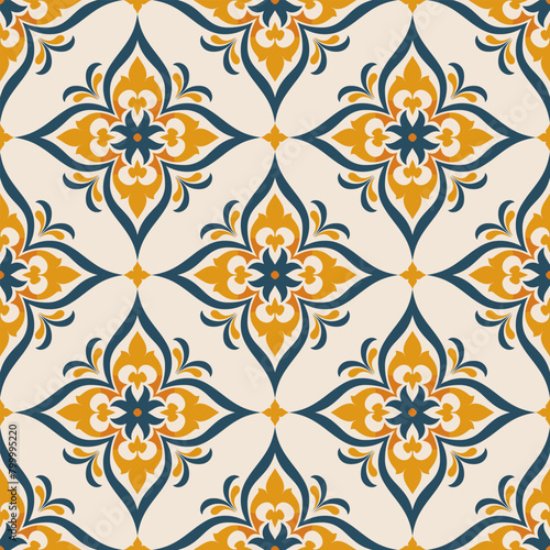 Blue and orange luxury vector seamless pattern. Ornament, Traditional, Ethnic, Arabic, Turkish, Indian motifs. Great for fabric and textile, wallpaper, packaging design or any desired idea.