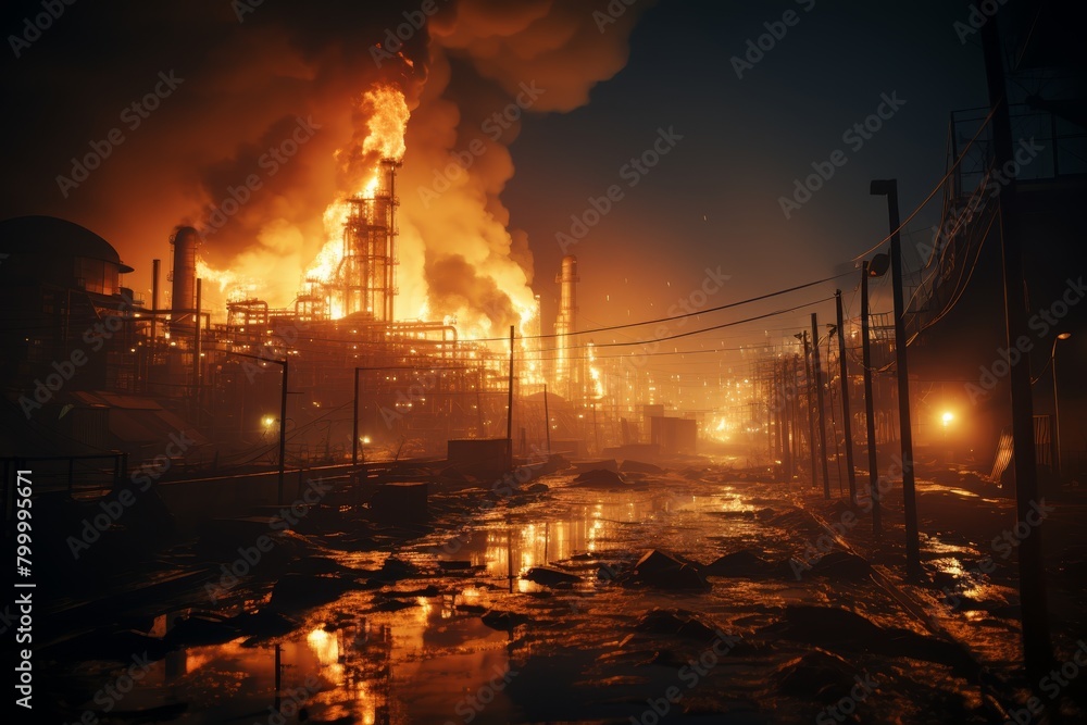 A dark and gloomy industrial scene with a large fire and smoke in the background. There is water on the ground reflecting the orange glow of the fire.