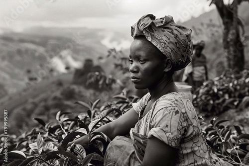 Young african woman in traditional clothes sitting on a tea plantation. Black and white photo.