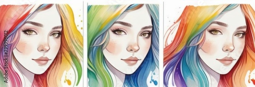 Portrait of a young beautiful girl with long flowing hair painted in rainbow colors in watercolor style