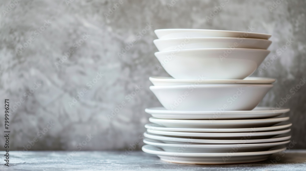 A stack of clean white ceramic plates on a textured gray background A stack of clean white ceramic plates on a textured gray background